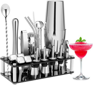 Cocktail Shaker Set, Bartender Kit with Stand Silver - Set of 23