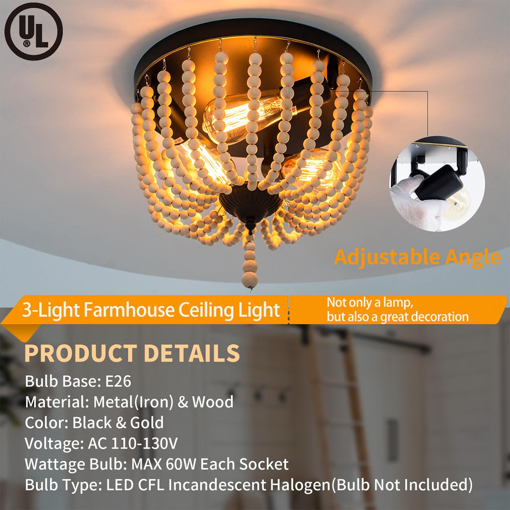 Farmhouse Wood Beaded Flush Mount Ceiling Light, 3-Light Boho Wooden Bead Chandelier Vintage Lighting Fixtures