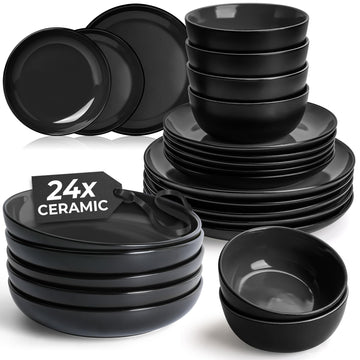 Dinnerware Set (24-Piece), Ceramic Tableware - Le Papillon (Black)