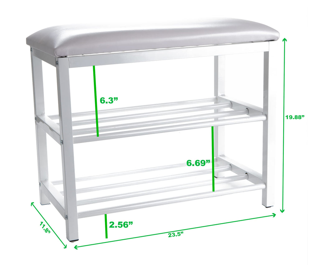 Shoe Bench, Shoe Organizer, Shoe Rack, Padded Bench, Storage, Entryway, Metal, 23.5" L x 11.8" W x 19.88" H, White