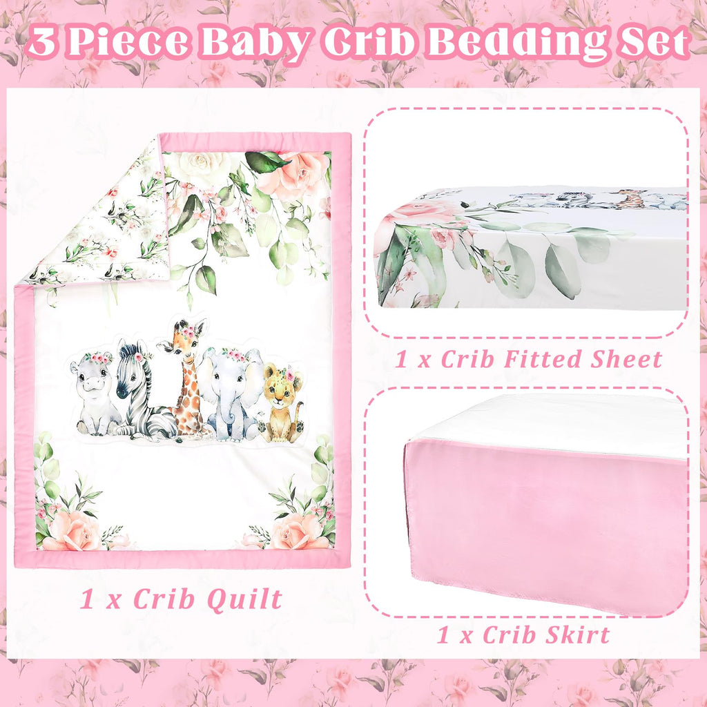 3 Pcs Safari Animals Baby Crib Bedding Set for Girl