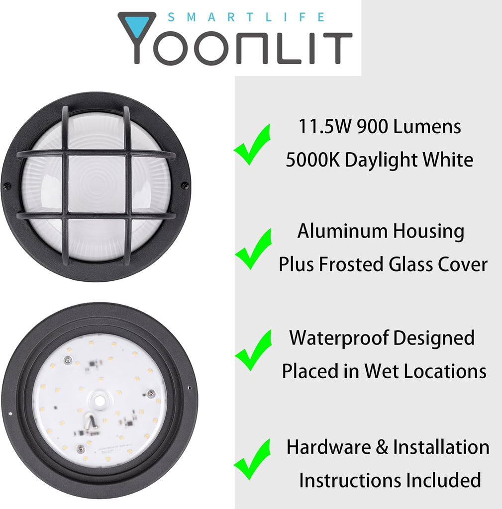 YoonLIT 8.0 inch Outdoor LED Bulkhead Light Fixture, Wall or Ceiling Flush Mount Waterproof, for Porch, Basement