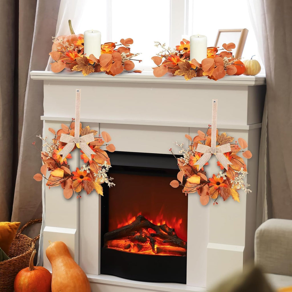 Fall Mini Wreath Set, Artificial Autumn Small Wreaths with Burlap Bow Sunflower Maple Leaf Eucalyptus - Set of 6