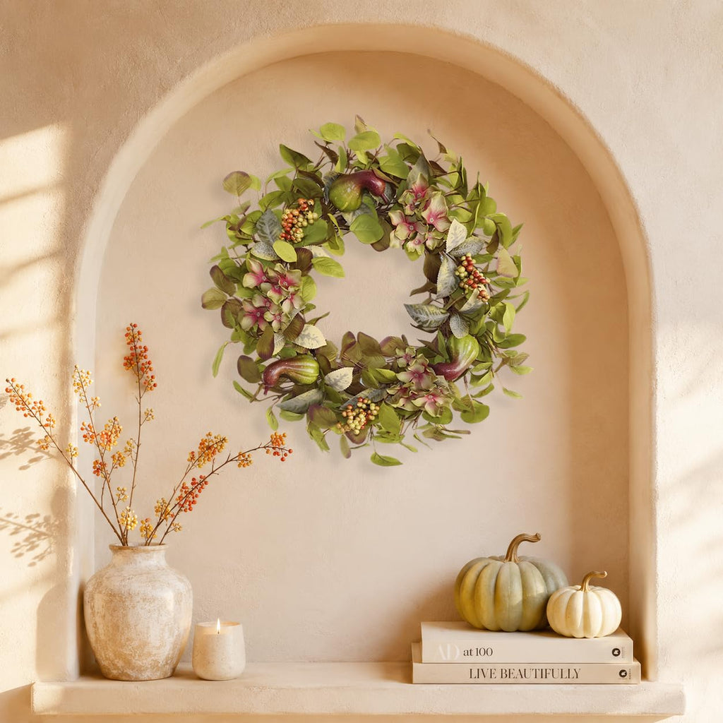 18 Inch Hydrangea Fall Wreath with 3 Pumpkins and 3 Berry Clusters
