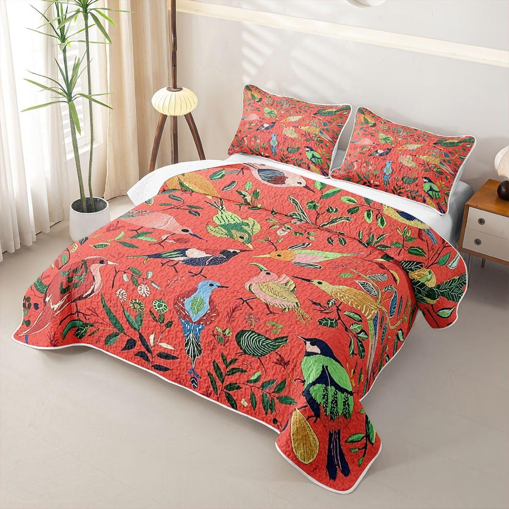 Birds Quilt Abstract Quilt Set Southwestern Leaves Plants Pattern Quilted Coverlet Breathable Natural Theme Red