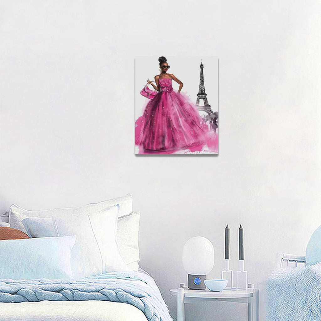African American Canvas Wall Pink Dress Women Fashion Black Girl Pictures Decor Paris Eiffel Tower Painting Prints