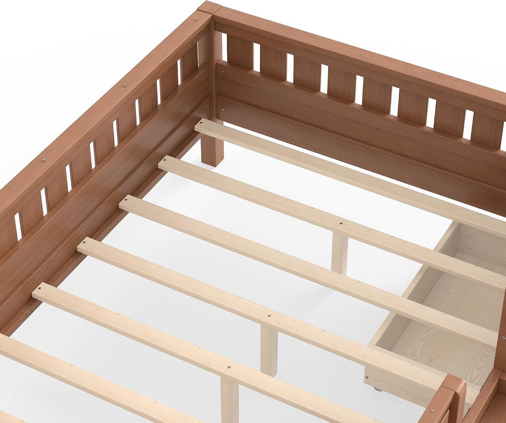 Full Floor Bed with Stairs, Rails and Slats, Full Size Montessori Floor Bed with Bookshelf and 2 Storage Drawers
