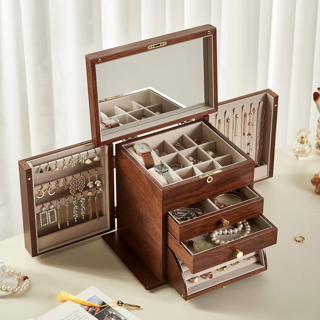 Black Walnut Wooden Jewelry Box for Women, 4 Layer