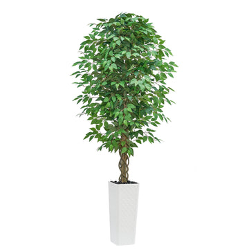 Artificial Ficus Tree 8FT, Large Fake Tree Decor (White Planter)