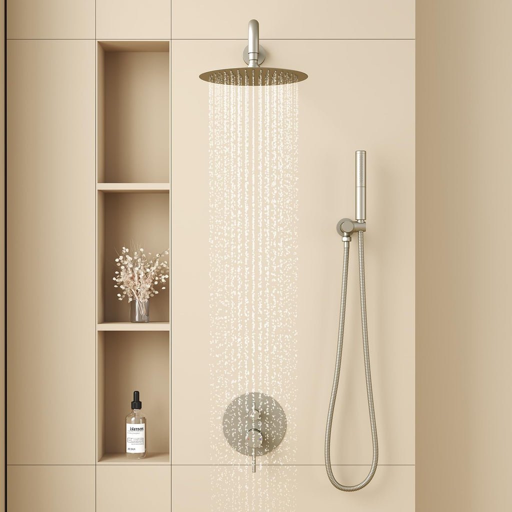 Shower System with 10 Inch Round Rain Shower Head and Handheld Wall Mounted, High Pressure Rainfall Shower Faucet