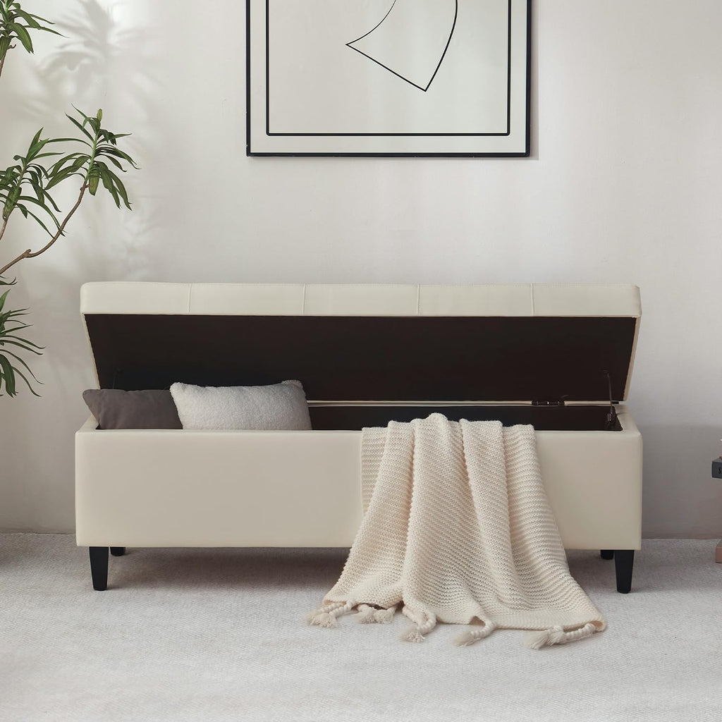 50.5 Inch Storage Ottoman Bench, Faux Leather Tufted Upholstered Bedroom Bench with Safety Hinges, Supports 300 lbs