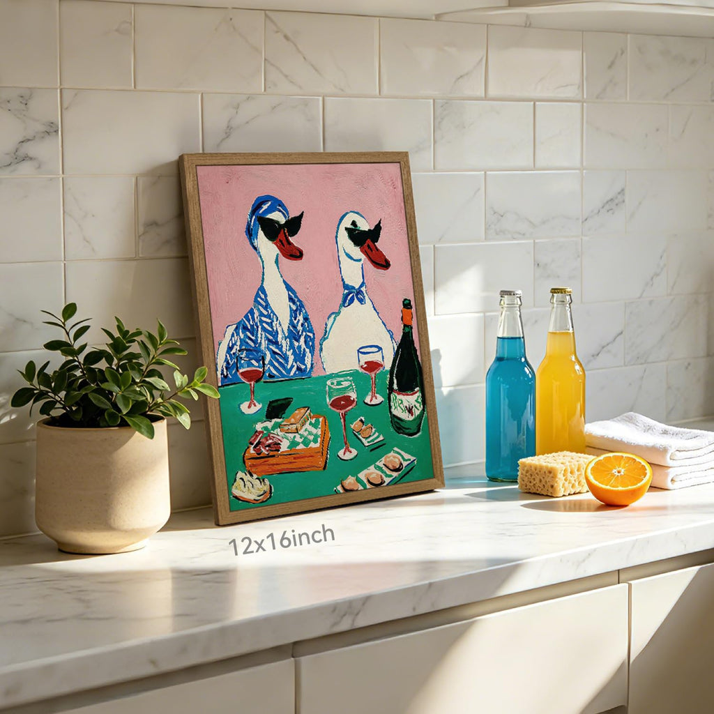 Funny Duck Wine Wall Art, Whimsical Animal Wall Decor, Cute Ducks Drinking Wine Poster Print, Colorful Modern Kitchen
