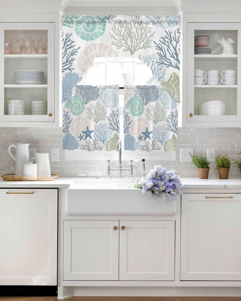 Kitchen Curtains Sets 24 Inch Length with Valance, Ocean Coral Seashell Starfish Abstract Swag Valances for Windows