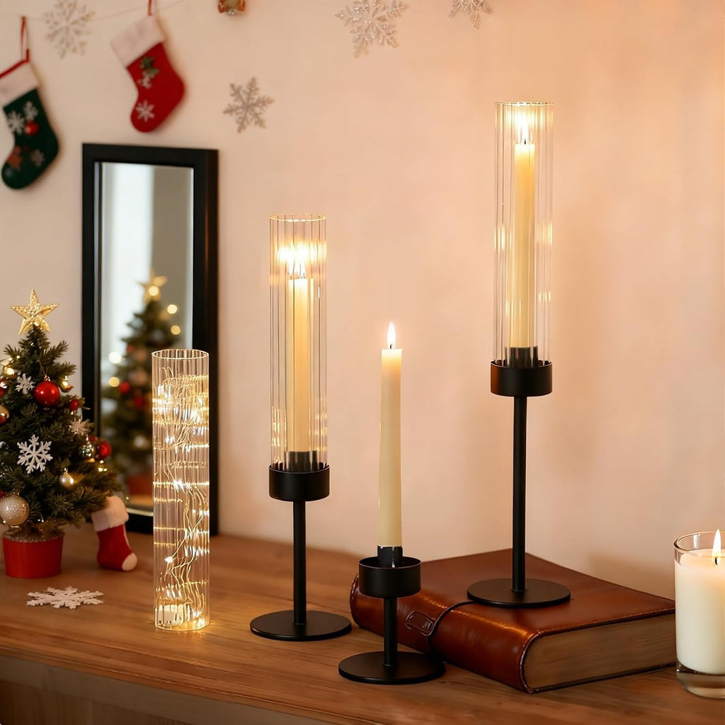 Metal & Acrylic Taper Candle Holders with Ribbed Design - Hurricane Clear Cylinder Candelabra, Dining Table