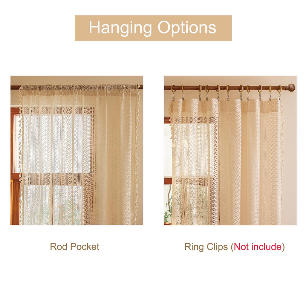 Beige Boho Lace Curtains 84 inches Long, Crochet Macrame Bohemian Drape Farmhouse Vintage Chic Tassels, Cream Sheer