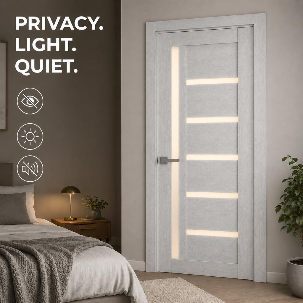 Interior Door 42 x 80 inches | Quadro 4088 Light Grey Oak | Swing Door Slab | Frosted Glass MDF Handle | Bedroom
