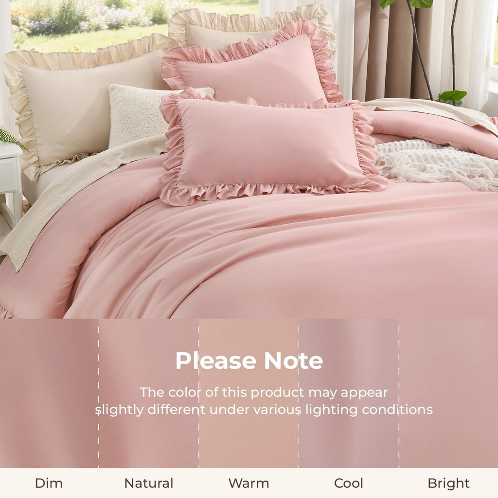 Full Comforter Sets, 3 Pieces Blush Pink Ruffle Girls Women Cute Bedding Comforters & Sets, Lightweight Fluffy