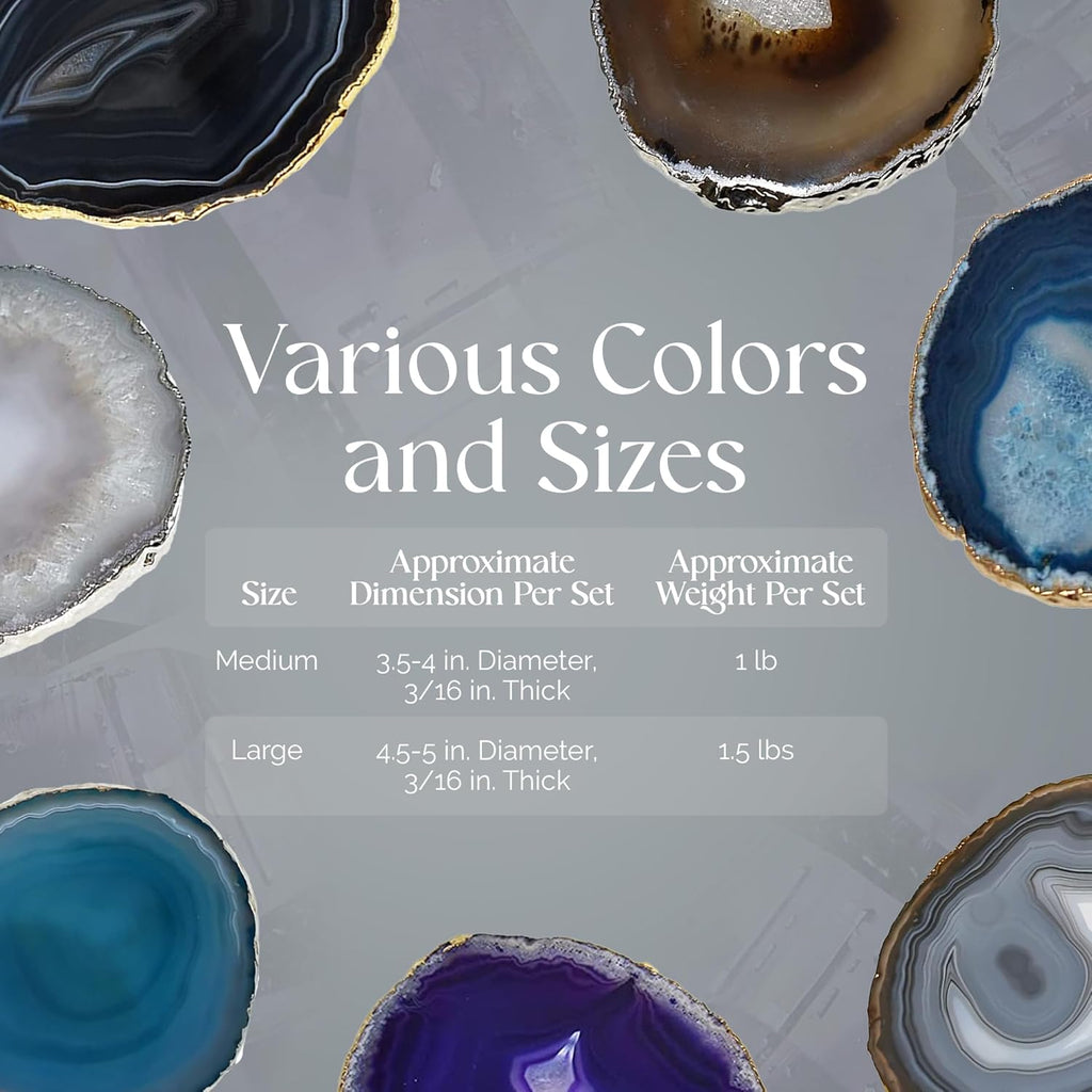 Natural Agate Stone Coasters Polished Geode Drink Mats for Dining & Coffee Table & Kitchen Decor No Dye - Set of 4