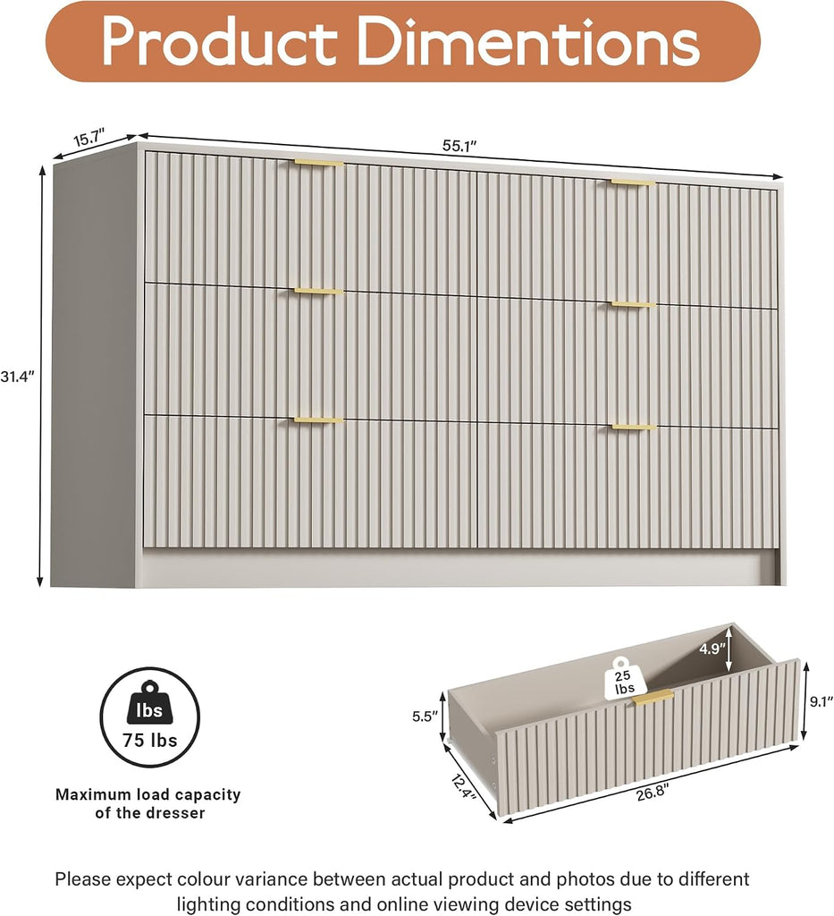 Beige Dresser , Modern Dresser with 6 Drawers and Smooth Slides, Wide Chest of Drawers with Golden Handles , Closet