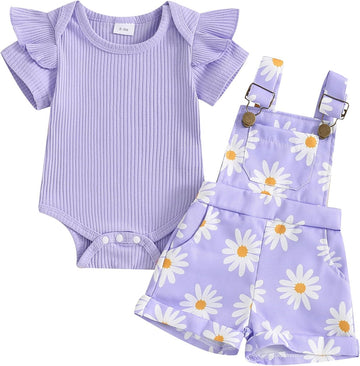 Newborn Baby Girl Summer Clothes Ribbed Ruffle Short Sleeve Romper Daisy Suspender Overall Shorts 2Pc Outfits
