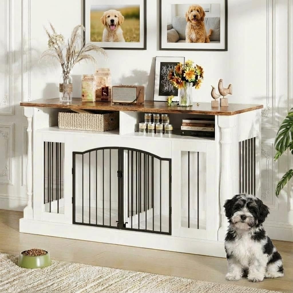 63" Large Dog Crate Furniture for Small & Medium Dogs, Roman Column Kennel Furniture with Semi-Open Storage, TV Stand