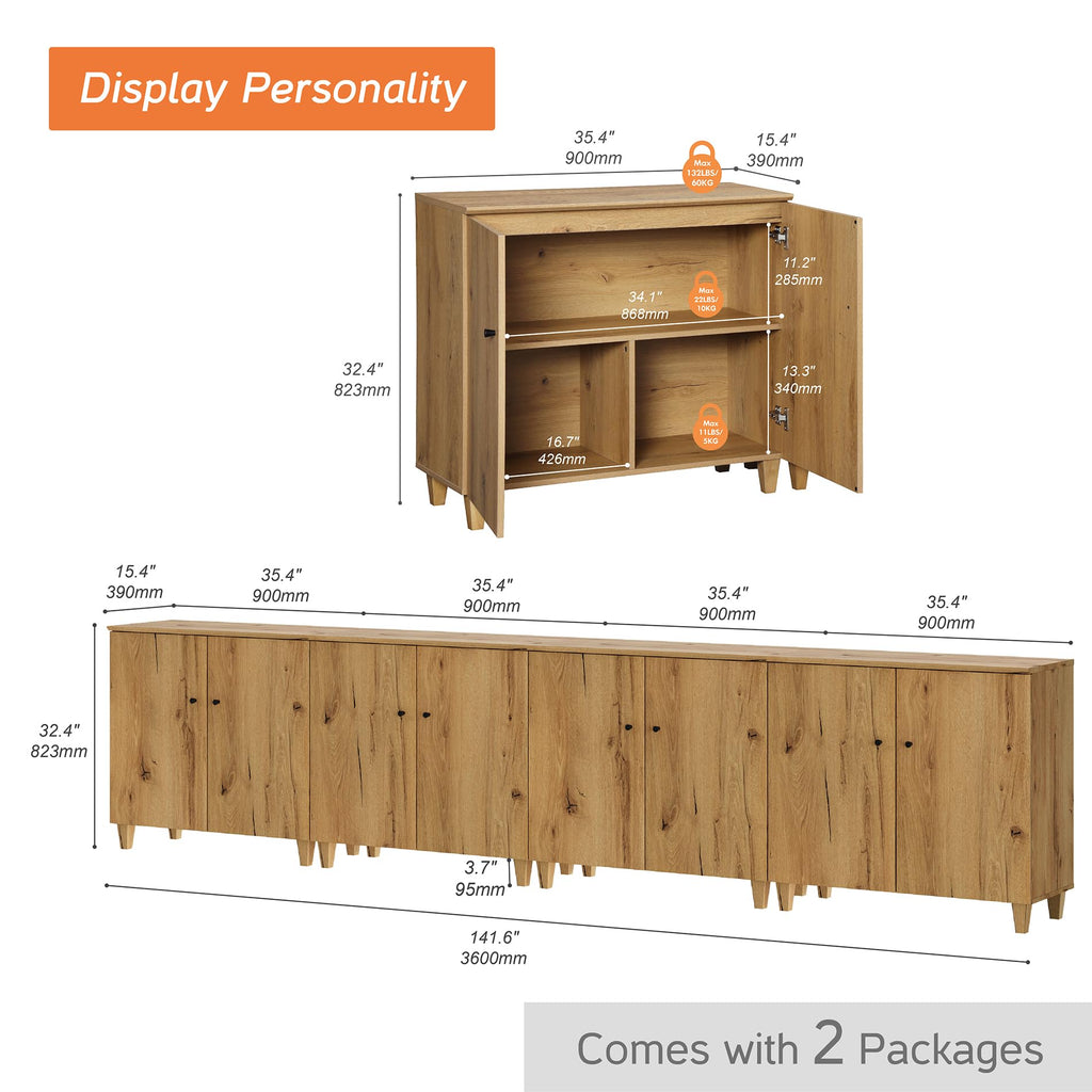 Sideboards Buffet Storage Cabinets, 8-Door Credenza Table, Oak Brown