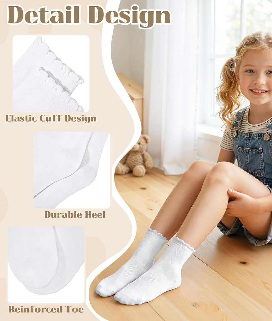 8 Pairs White Ruffle Socks for Girls, Cotton Frilly Kids Socks