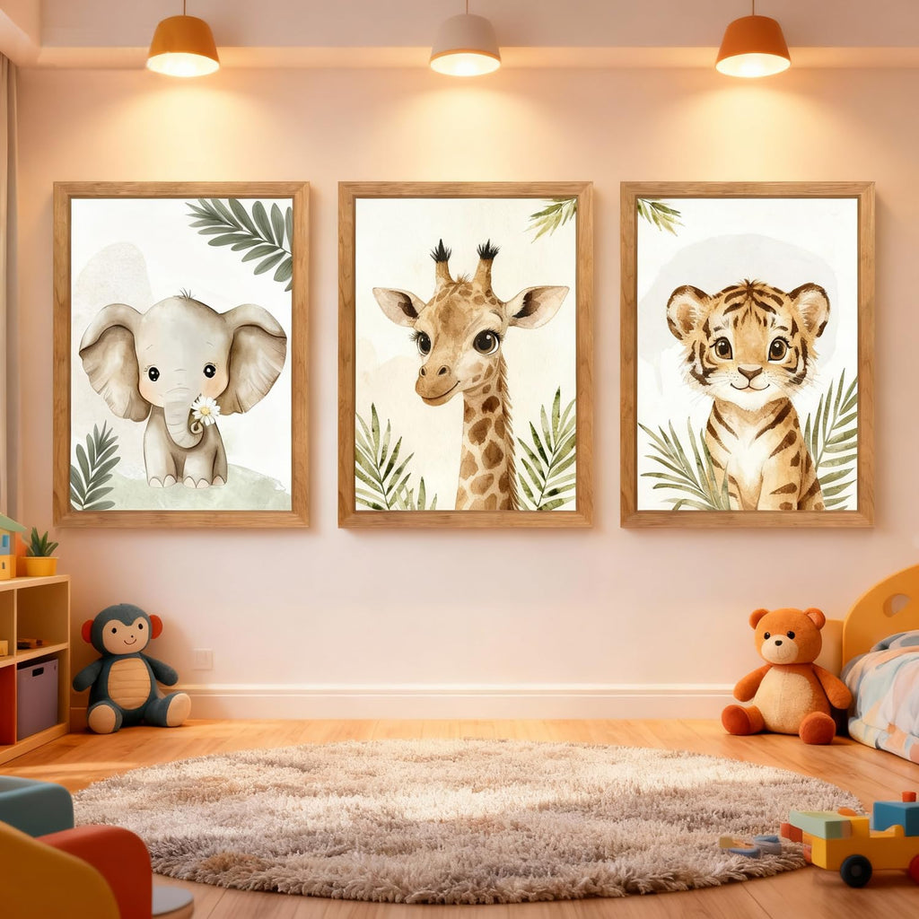 3 Set Safari Nursery Wall Decor, 11x16 Inch Framed Cute Giraffe Elephant Tiger Print Sign, Jungle Theme Cartoon