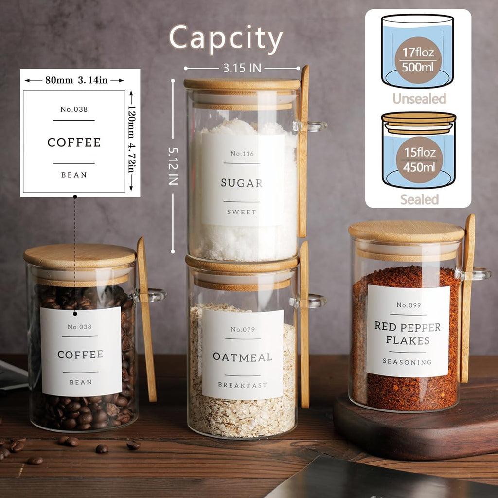Glass Jar with Bamboo Lid and Spoon - 4 Pcs 17 oz Sugar Container with 132 Food Pantry Labels - Glass Containers with