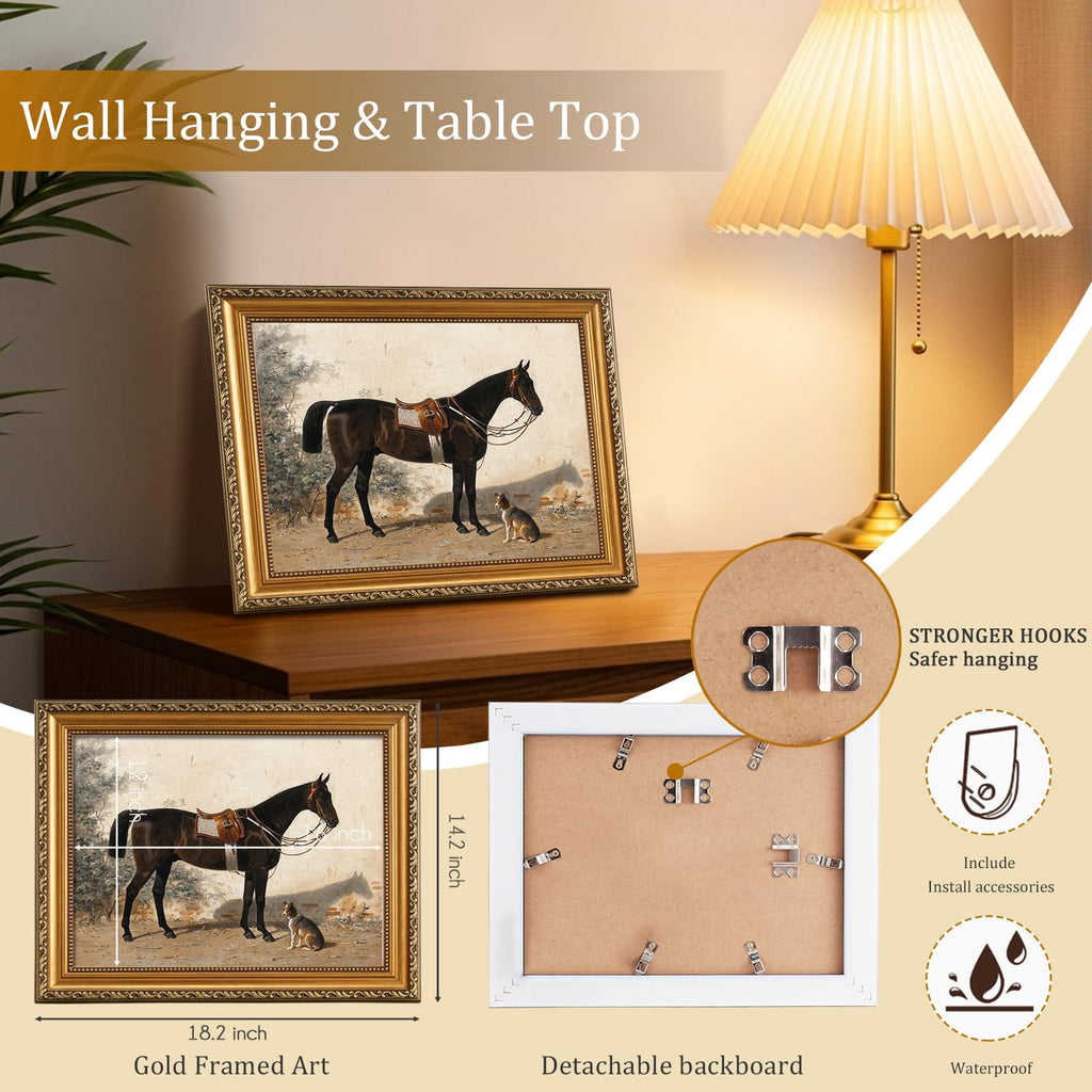 Retro Gold Framed Wall Art Decor, Detachable Gold Framed Rustic Farmhouse Wall Decor Horse Canvas Artwork, Classical