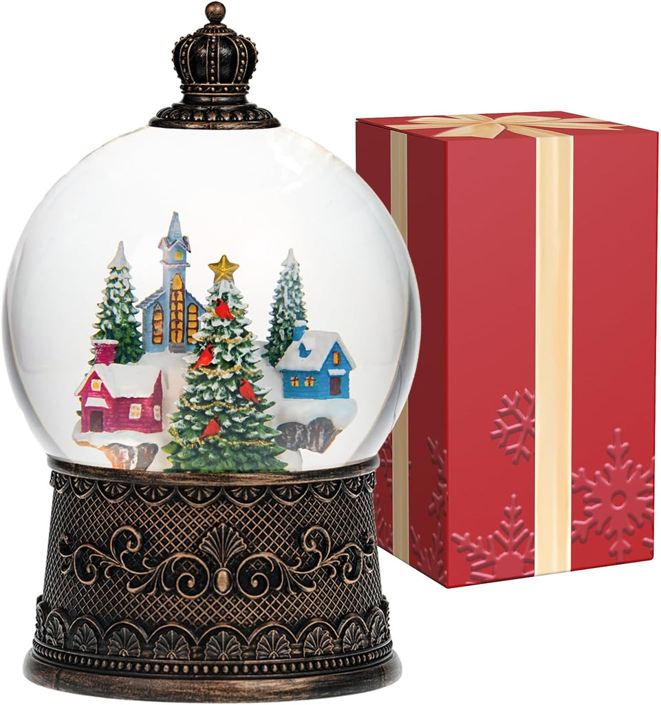 Snow Globe with Christmas Tree & Village, Light Up Christmas Snow Globes with Music Timer - USB Plug or Battery