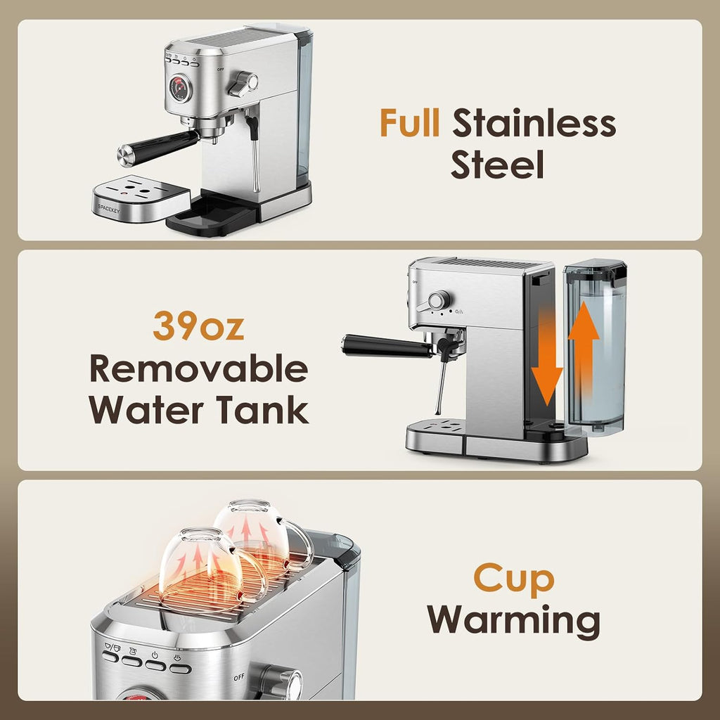 Espresso Machine with Milk Frother, 20 Bar Compact Expresso Coffee Machines , Stainless Steel Espresso Maker with