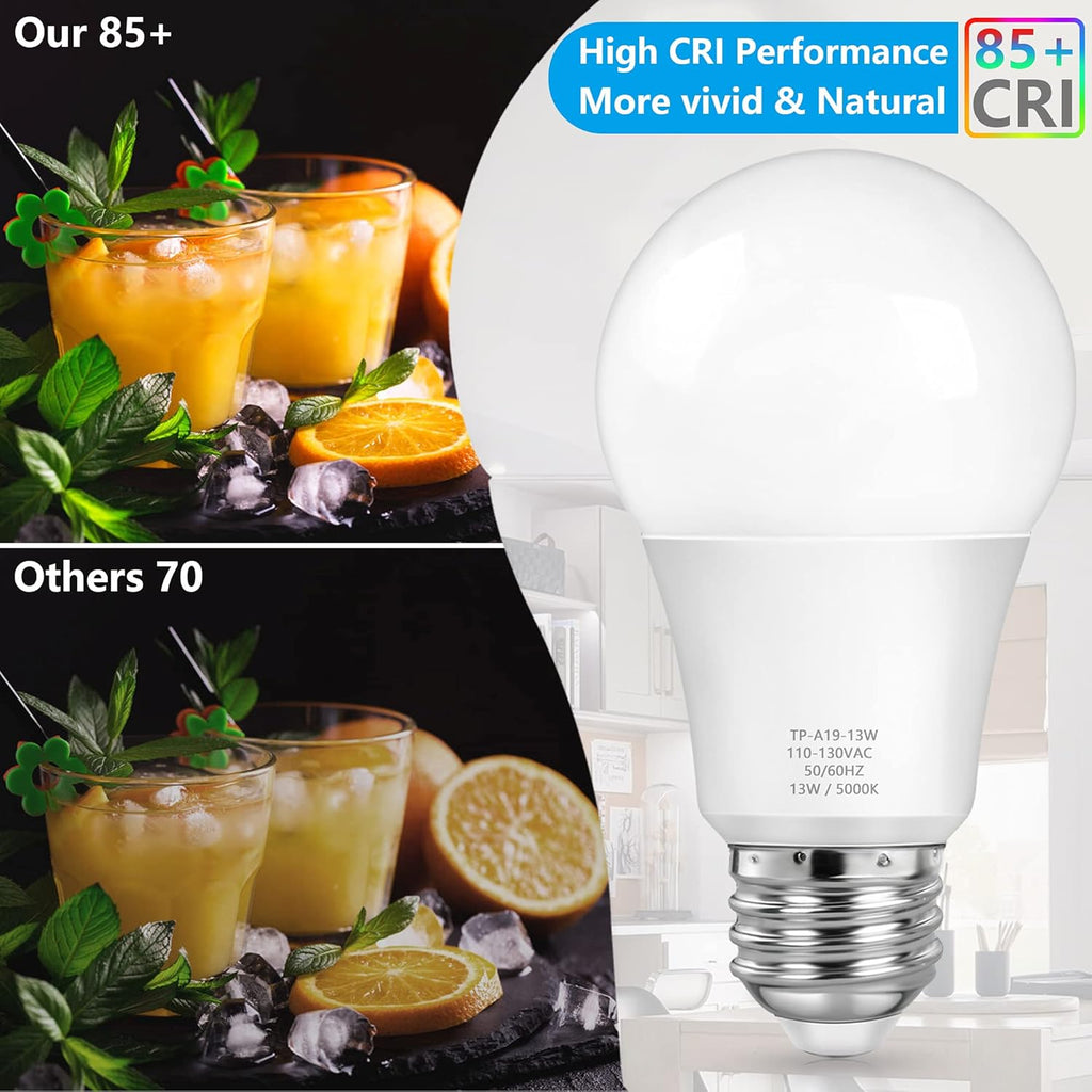 A19 LED Light Bulbs, 100 Watt Equivalent LED Bulbs, Daylight White 5000K, 1500LM, E26 Base, Non-Dimmable, 13W Bright