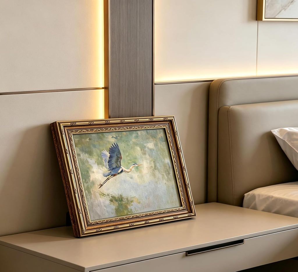 Vintage Gold Framed Heron Wall Art, Retro Impressionist Wetland Coastal Bird Oil Painting Canvas Print, Antique Blue