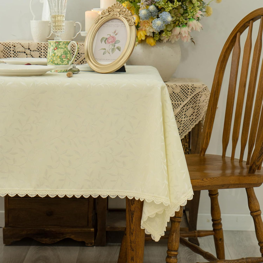 Textured Tablecloth Waterproof Spillproof Lace Trim Rectangle Jacquard Fabric Table Cloth, Kitchen D