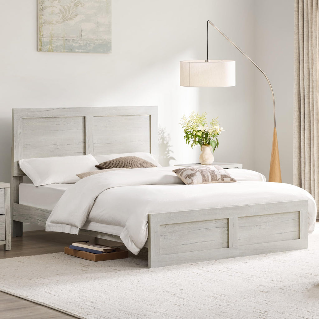 Wood Bed Frame with Headboard and Footboard, Light Gray, King