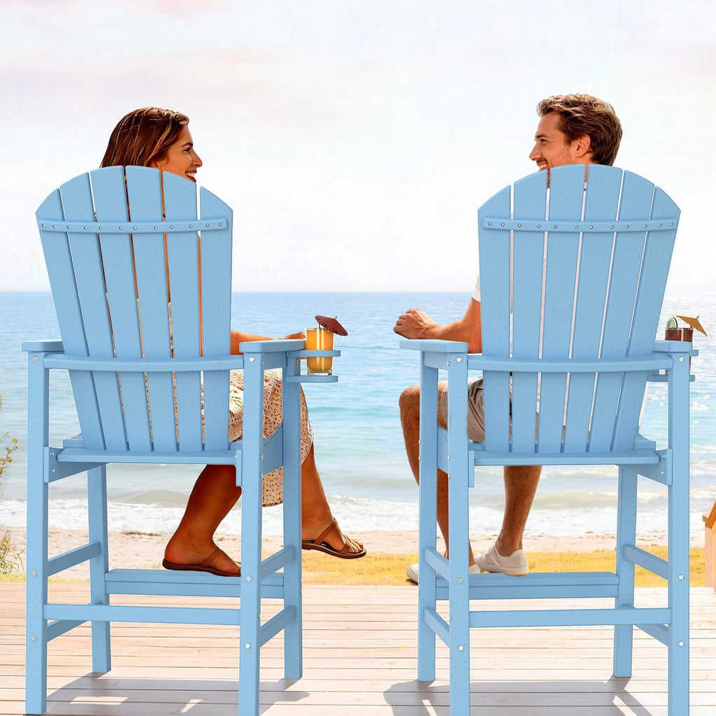 Tall Adirondack Chairs Set of 2, All-Weather Plastic Adirondack Chair with Cup Holders, Heavy-Duty HDPE Outdoor Bar