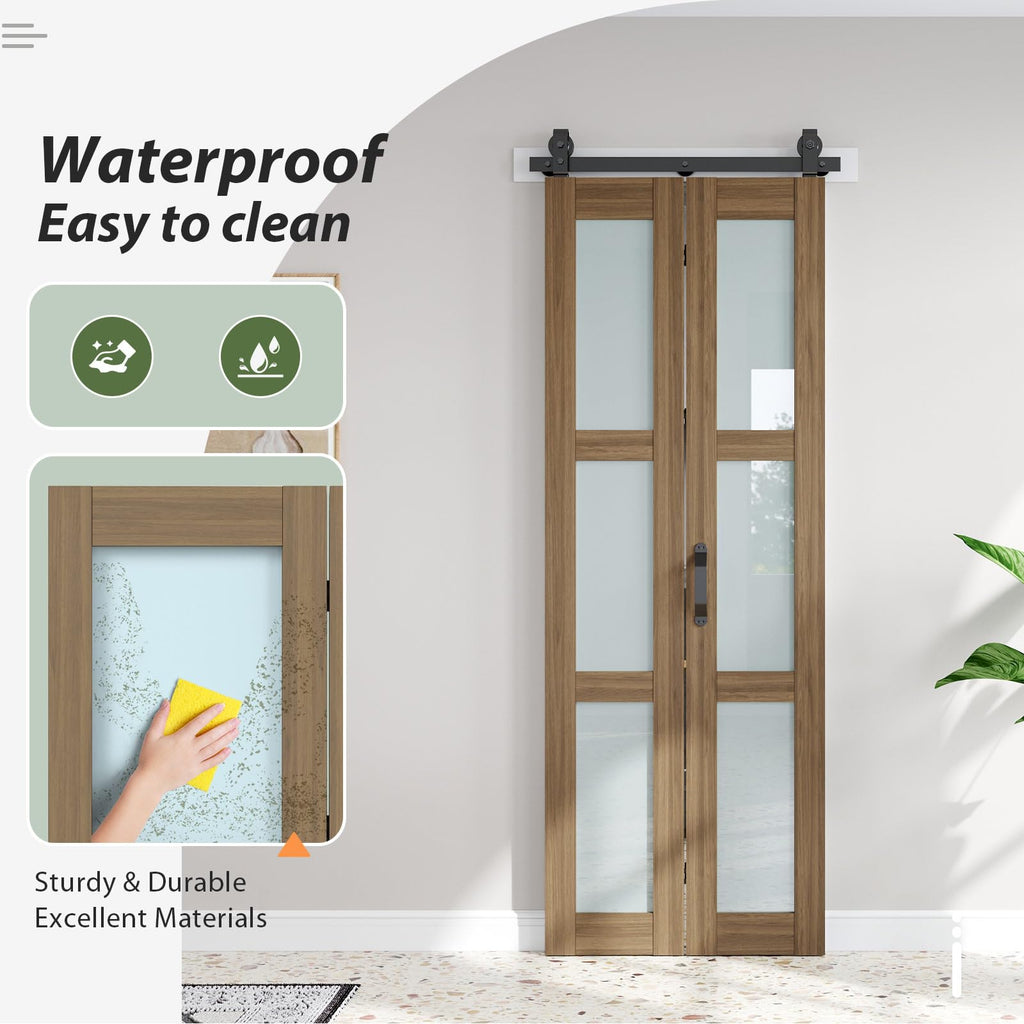 Bifold Frosted Glass Barn Doors Brown 28X84, Hardware Kit Included
