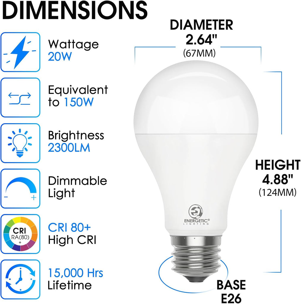 Energetic Dimmable A21 LED Bulb, 150 Watt Equivalent, Super Bright Light Bulb, Cool White 4000K, 2300LM, Brightest