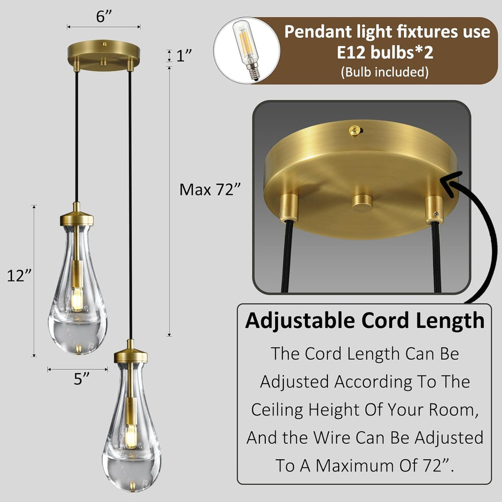 Raindrop Pendant Lights Kitchen Island Teardrop Gold Hanging Light Fixtures Clear Solid Glass Pendant Light Modern Chandeliers for Dining Room Porch Corridor Living Room (2-Light) A121-B0DNDMVC7B