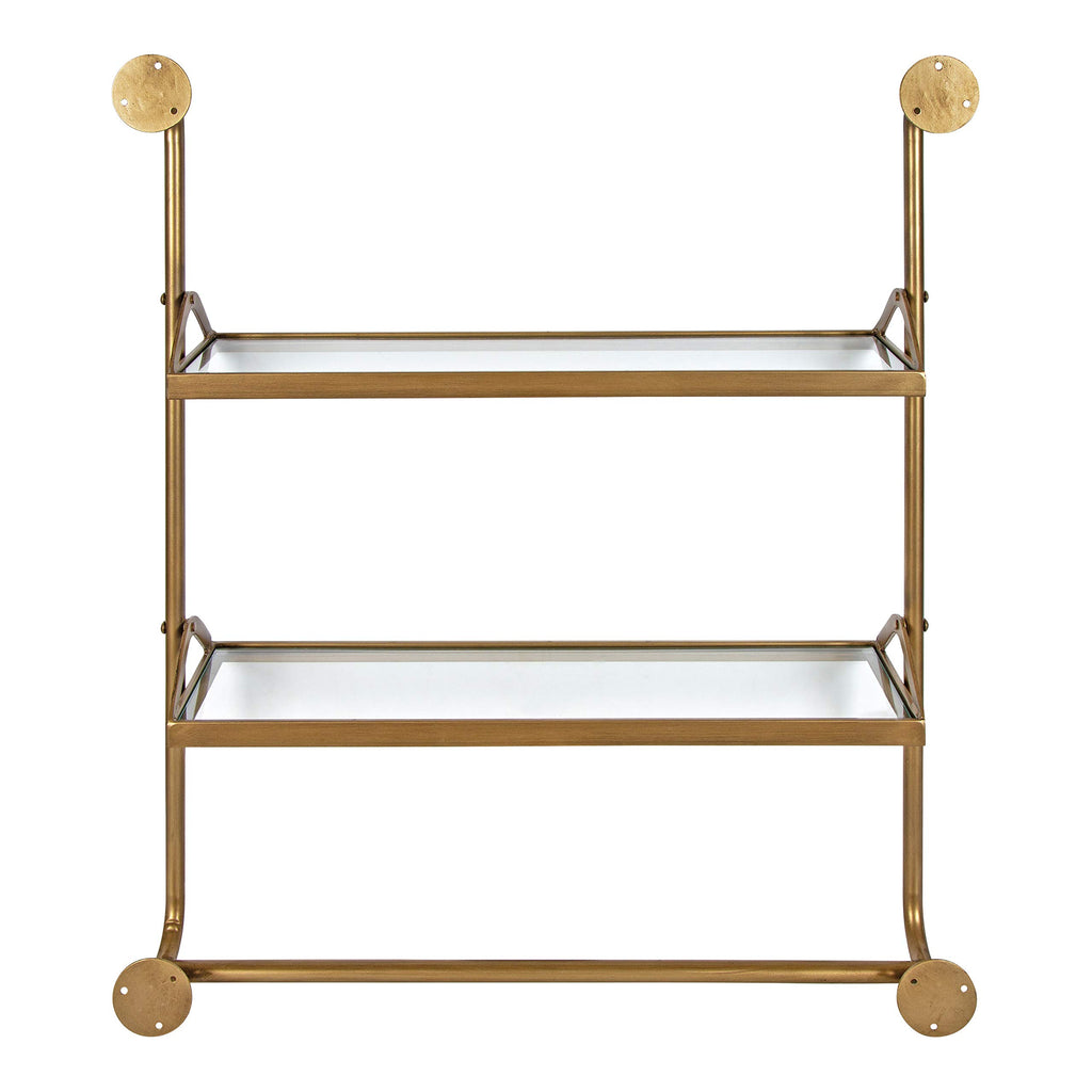 Marit Modern Industrial Wall Shelf with Metal Pipe Supports and Glass Shelves, Gold