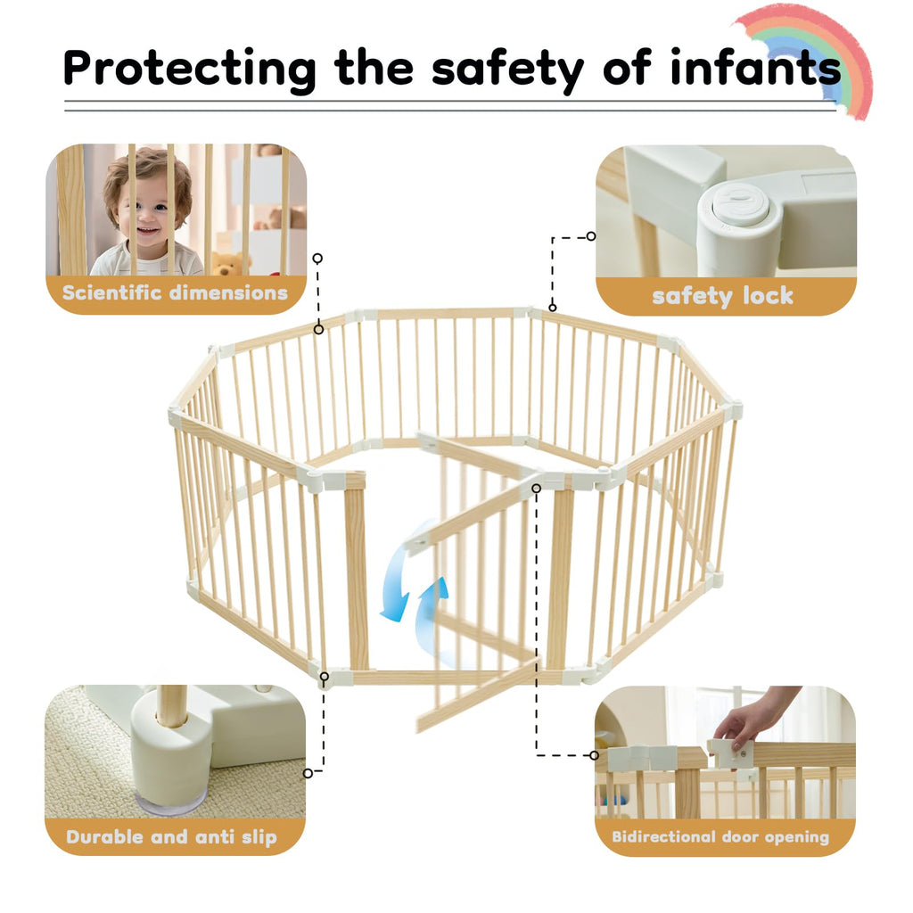 Baby Playpen, Foldable Wooden Play Yard with Gate and Child Proof Lock