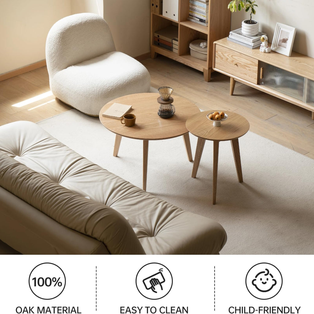 100% Solid Oak Wood Mini Coffee Table, Round Side Table w/Solid Wood Legs, Minimalist Coffee Table w/Sturdy Frame