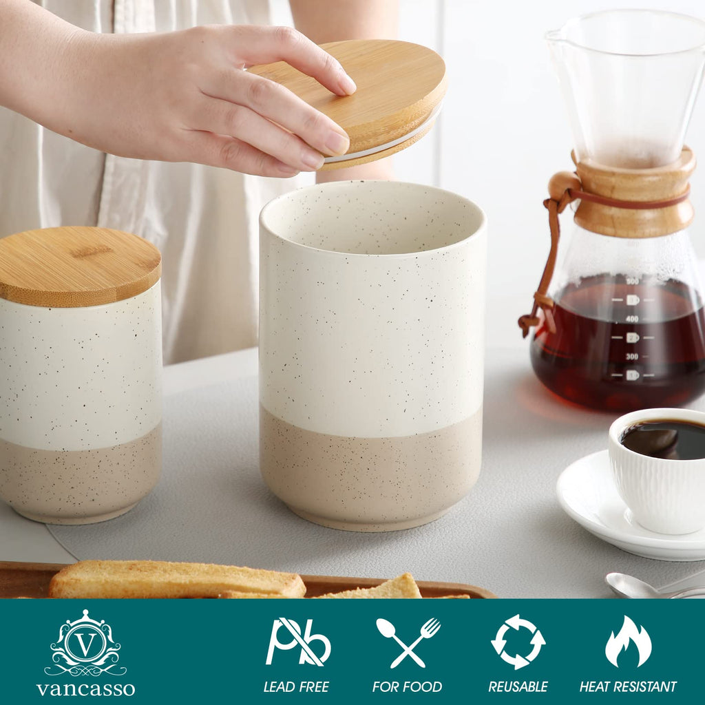 Sabine Large Ceramic Canister with Airtight Wood Lid - 74 oz Kitchen Food Storage Jar for Flour, Sugar, Coffee, Tea &