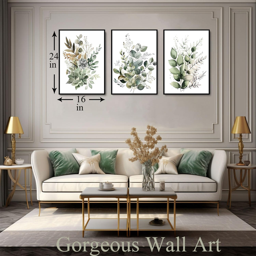 Botanical Wall Art Plant Floral Watercolor Canvas Prints Set of 3 Framed Sage Green Painting Eucalyptus Leaf Picture