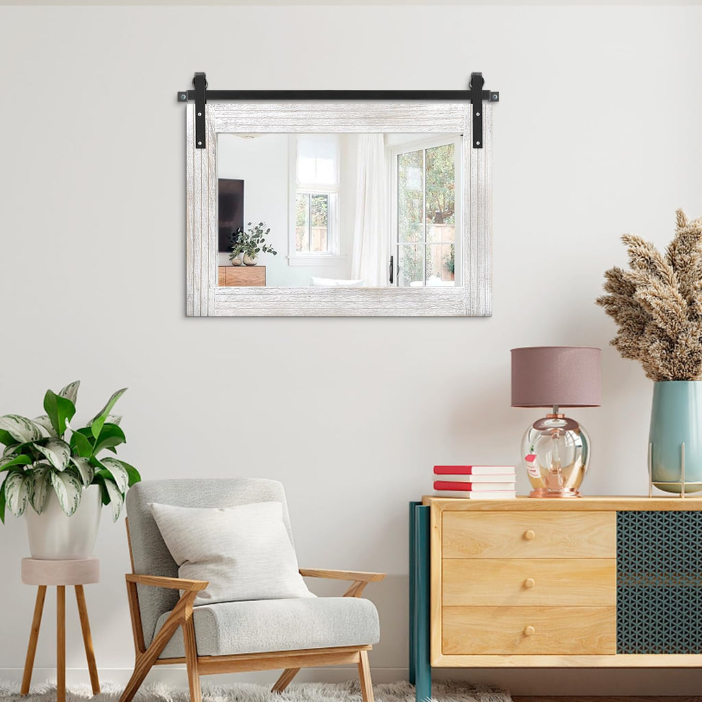 Large Barn Door Mirror with Wood Framed Rectangle Mirrors for Wall Bathroom Vanity Mirror Decorative Farmhouse