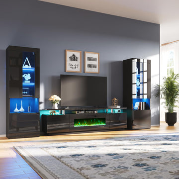 80" Fireplace Entertainment Center with Bookcases Set of 3, Black
