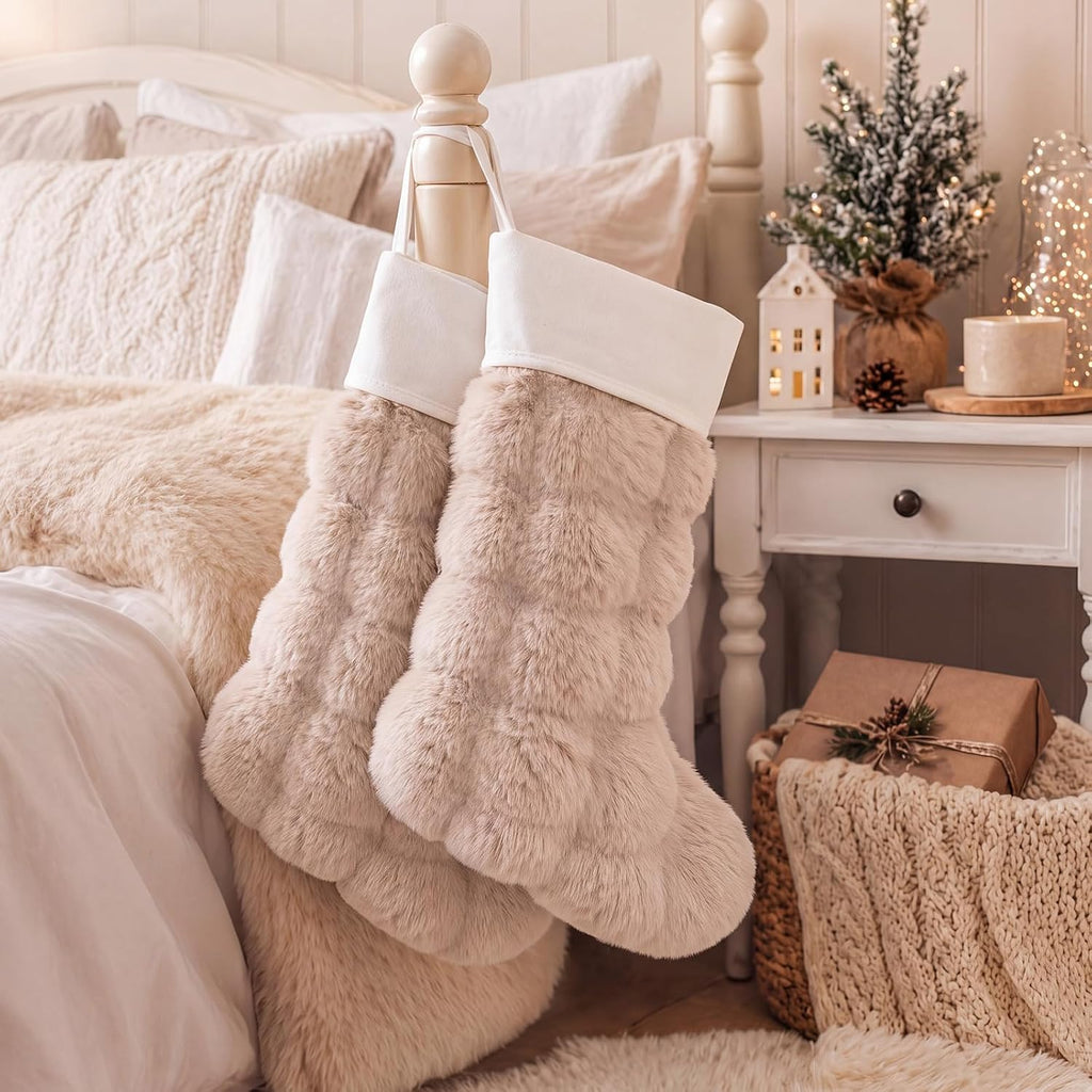 16.5" Faux Fur Christmas Stockings Beige Quilted Stockings - Set of 2