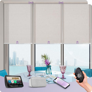 Motorized Light Filtering Roller Shades, Sheer Linen Beige