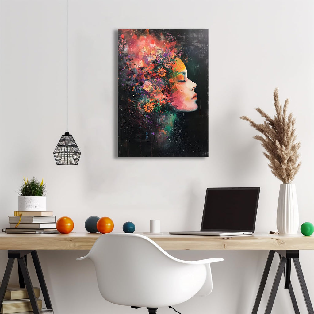 Framed Canvas Wall Art: Beautiful Woman With Colorful Flowers, Abstract Figure Canvas Decorative Painting, 16x24 Inch
